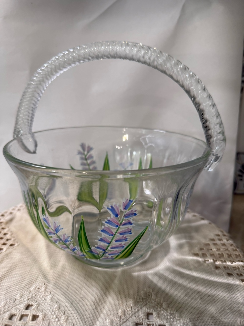 Hand-Painted Clear Glass Basket with Purple Floral Accents